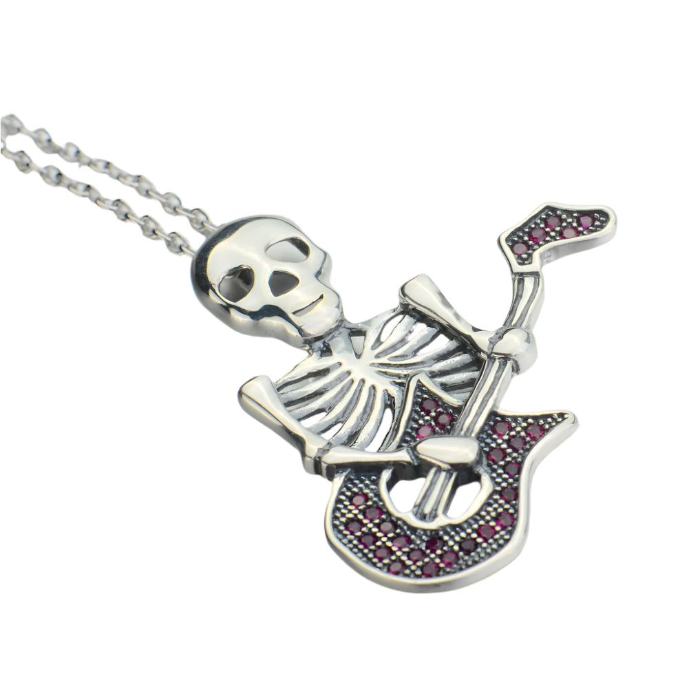 Skeleton Playing Guitar Pendant 925 Sterling Silver Necklace