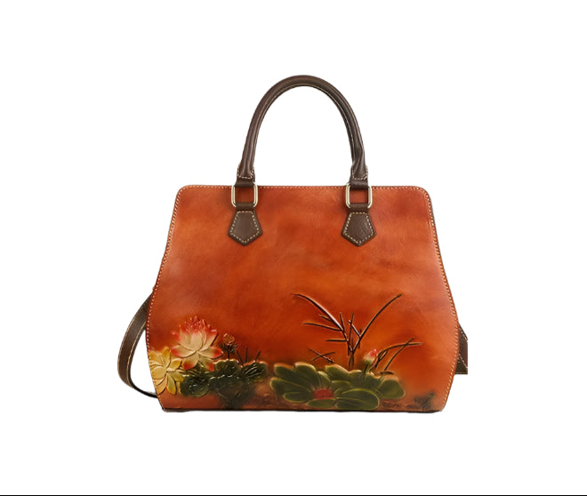 Cowhide Lotus Motif Handbag