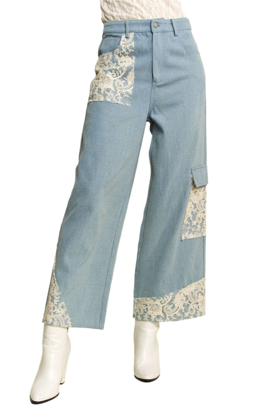 Davi & Dani Lace Applique Wide Leg Jeans