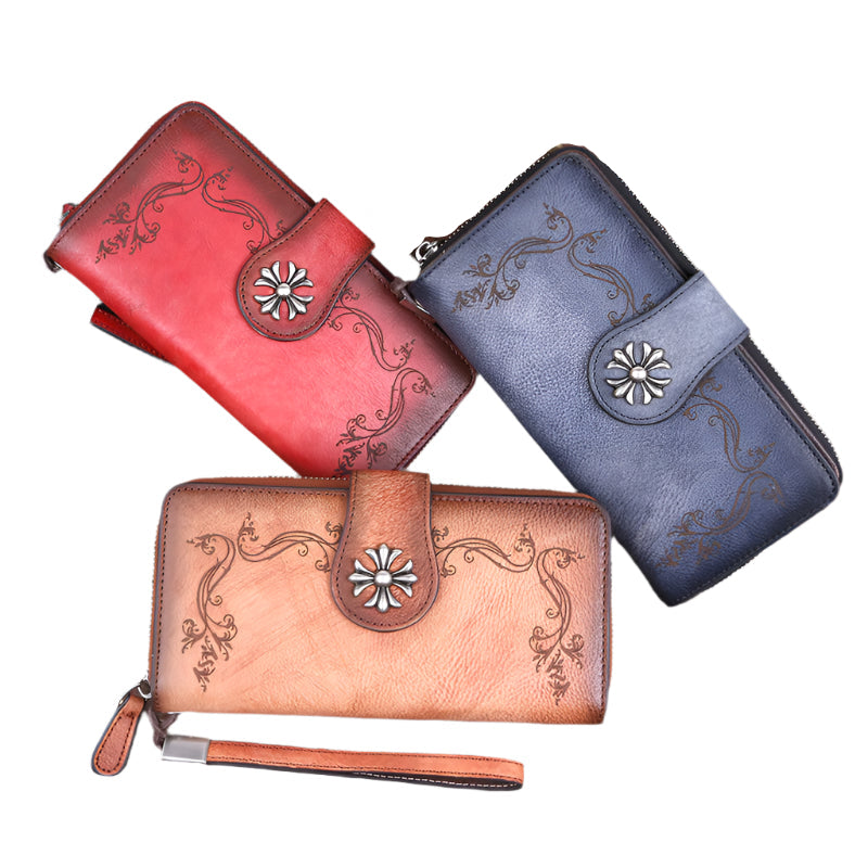 Hand-Polished Cowhide Leather Flower Buckle Wallet