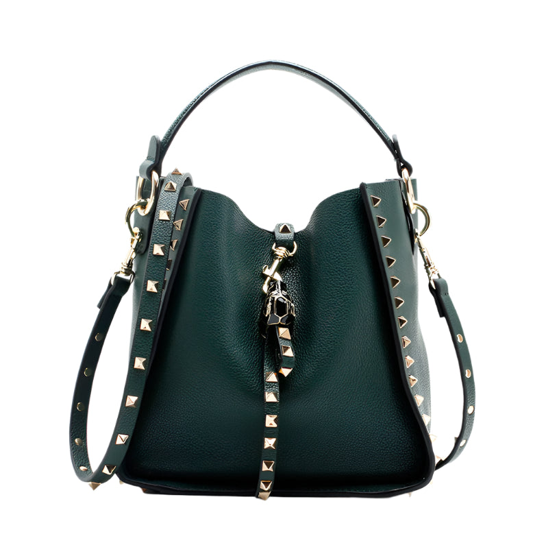 Soft Cowhide Leather Studded Bucket Style Handbag