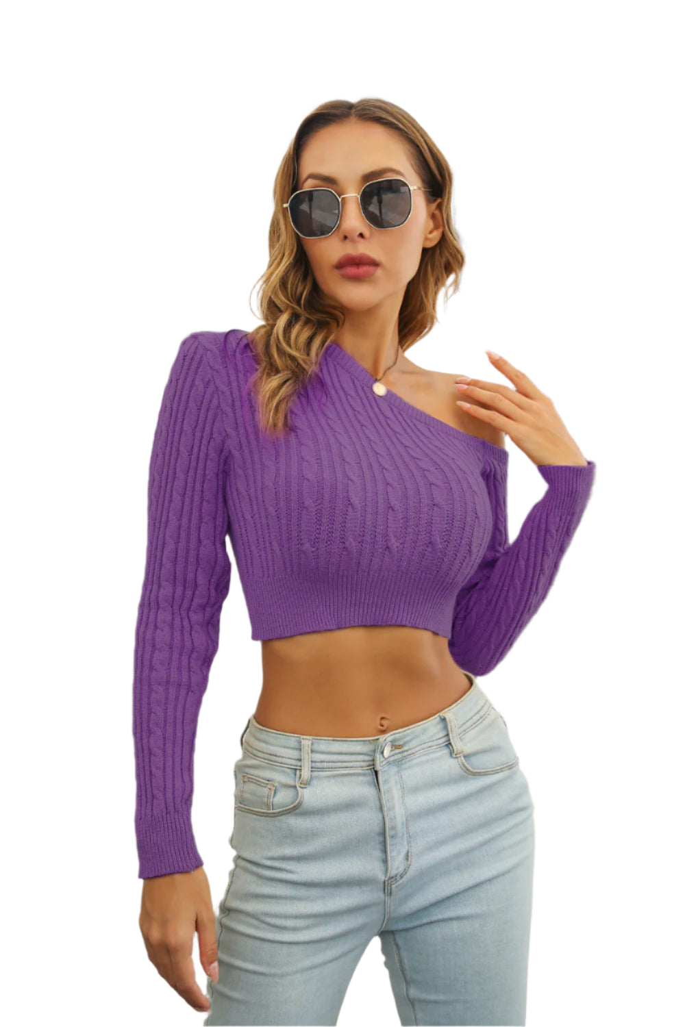 Cable-Knit One Shoulder Long Sleeve Sweater