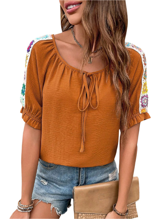 Perfee Tied Crochet Detail Short Sleeve Blouse