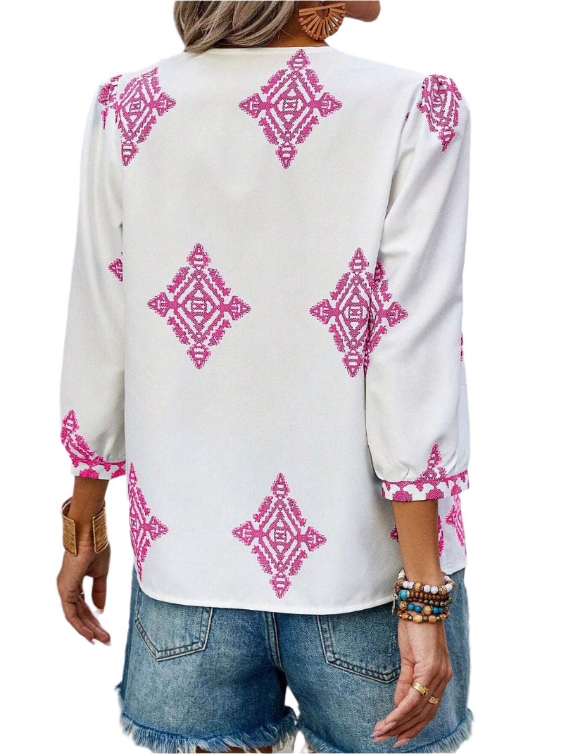 Printed V-Neck Three-Quarter Sleeve Blouse