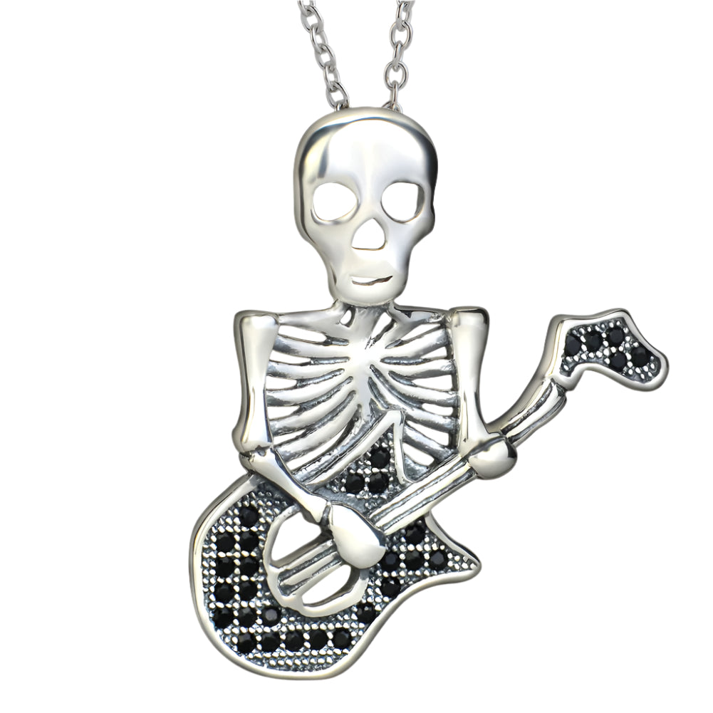 Skeleton Playing Guitar Pendant 925 Sterling Silver Necklace