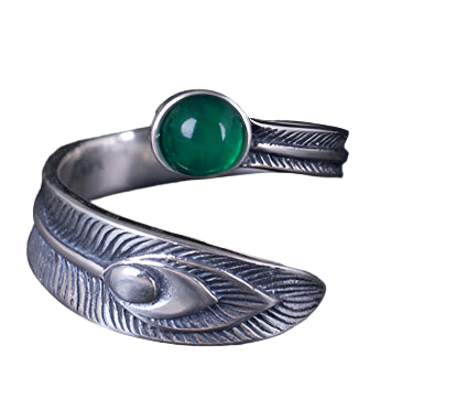 925 Sterling Silver Peacock Feather Rings Featuring Jade or Malachite Crystal