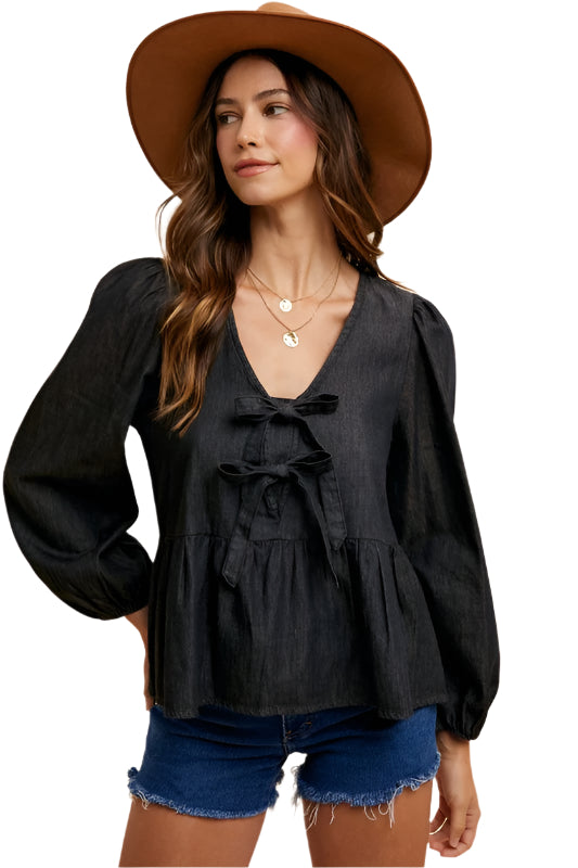 Annie Wear Tie Front Peplum Long Sleeve Denim Top