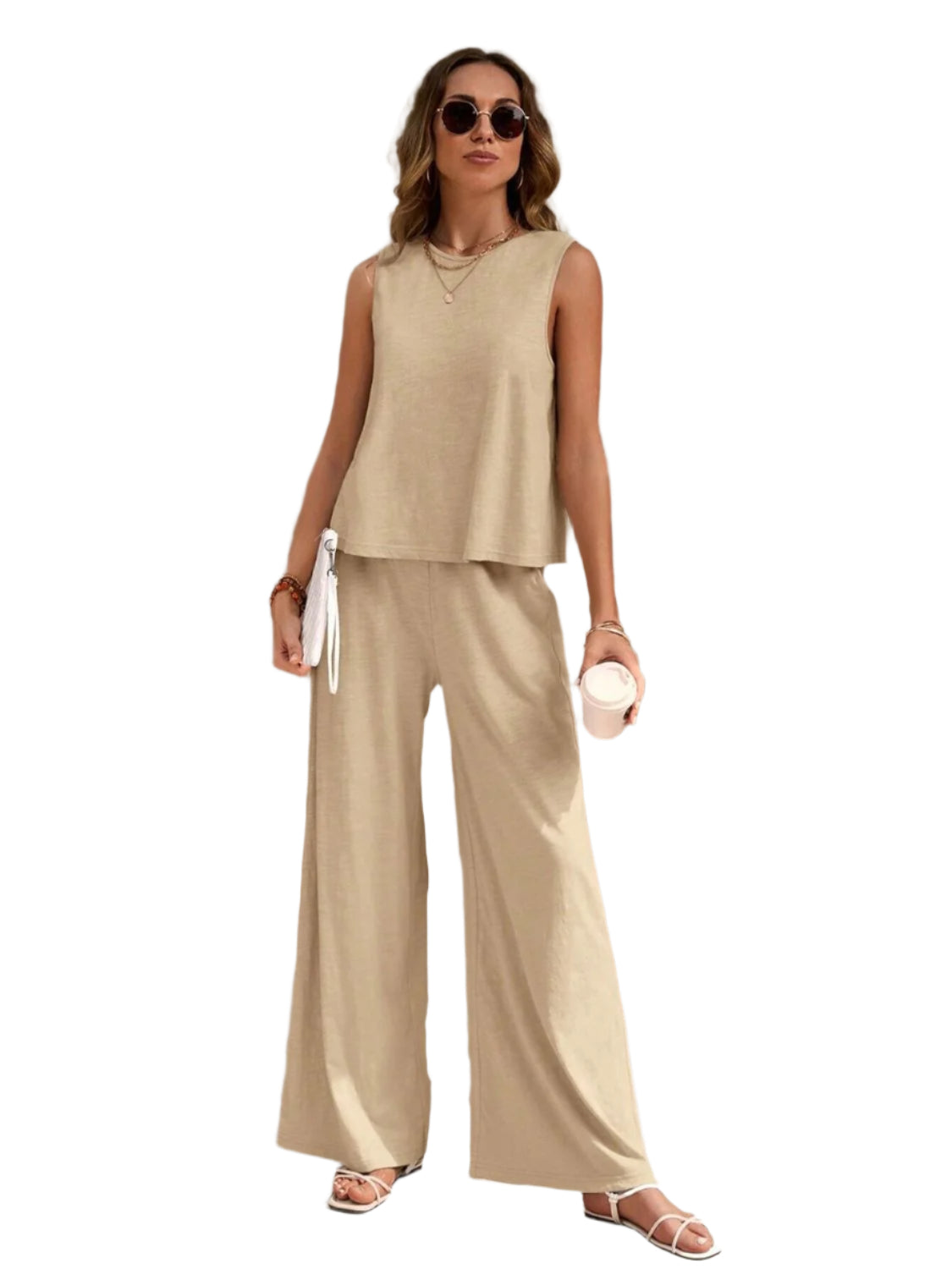 Round Neck Sleeveless Top and Wide Leg Pants Set