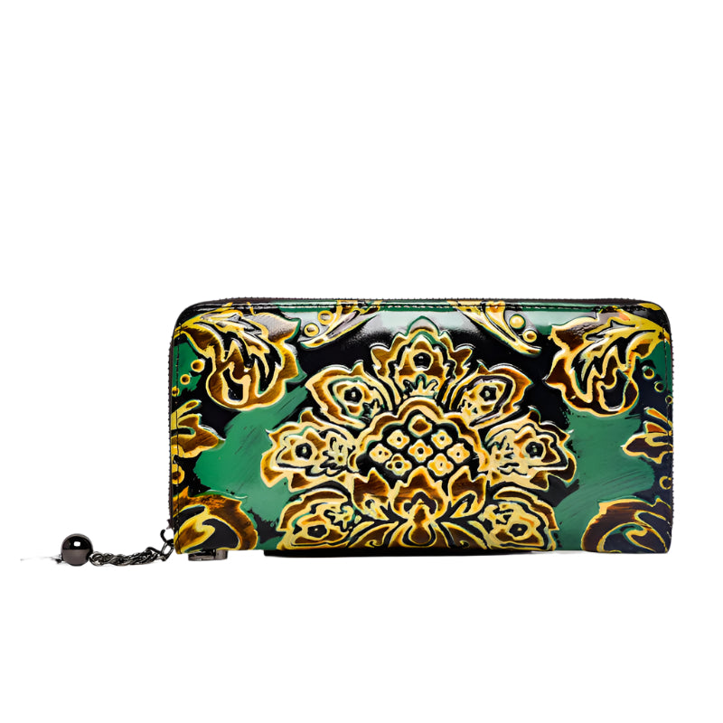 Cowhide Floral Zippered Wallet with Built-in Strap