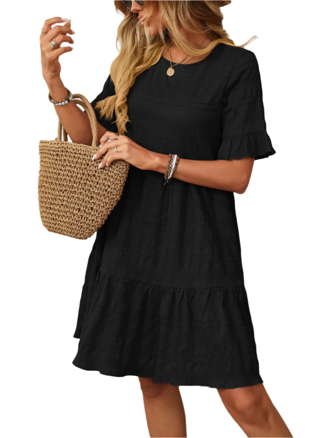 Mandy Ruffled Ruched Round Neck Half Sleeve Dress