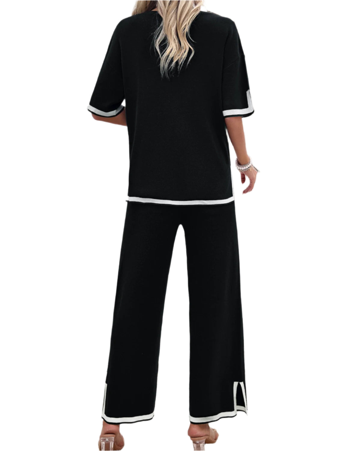Devine Contrast Trim Round Neck Top and Pants Set
