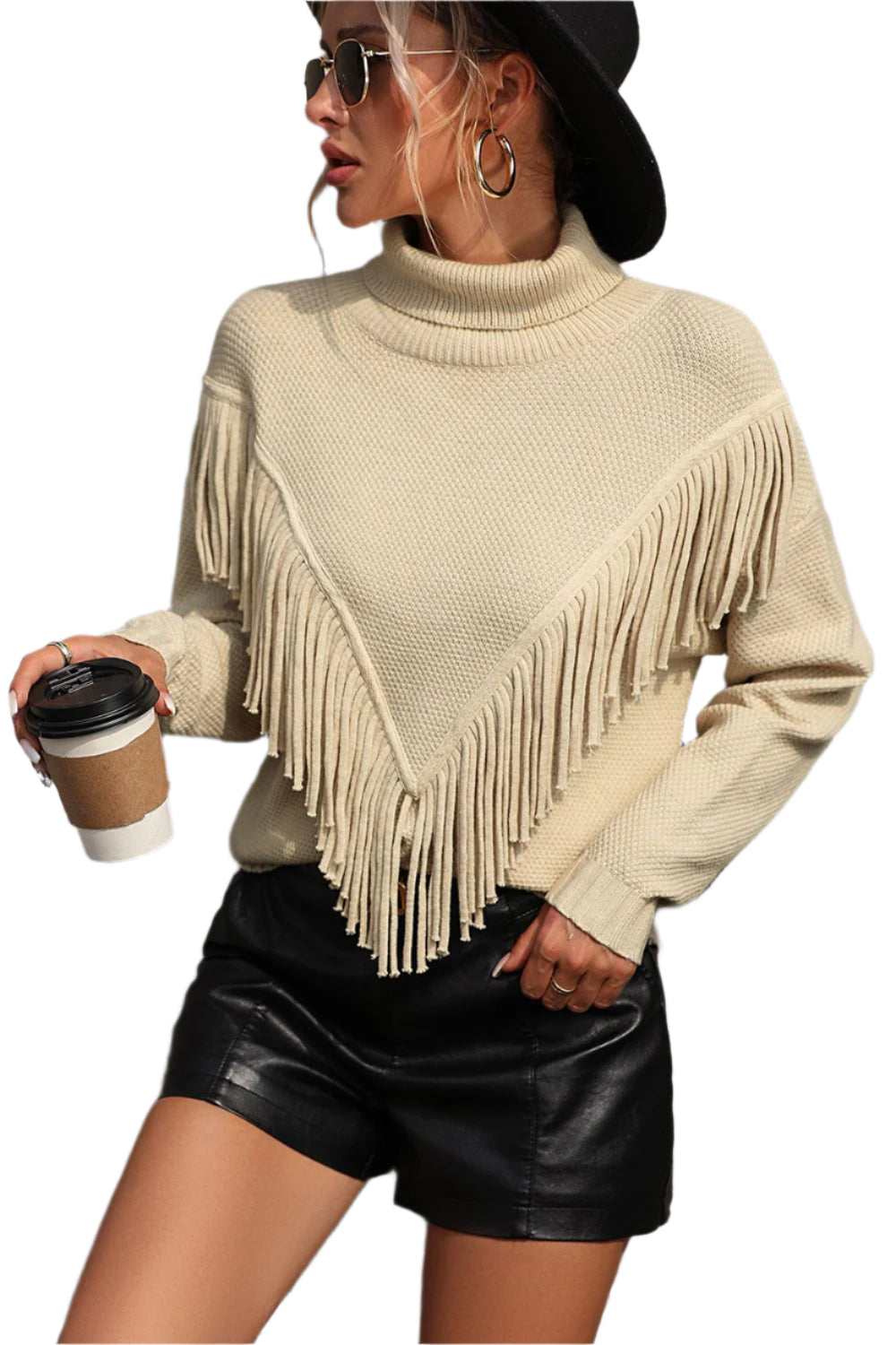 Turtle Neck Tassel Front Long Sleeve Pullover Sweater