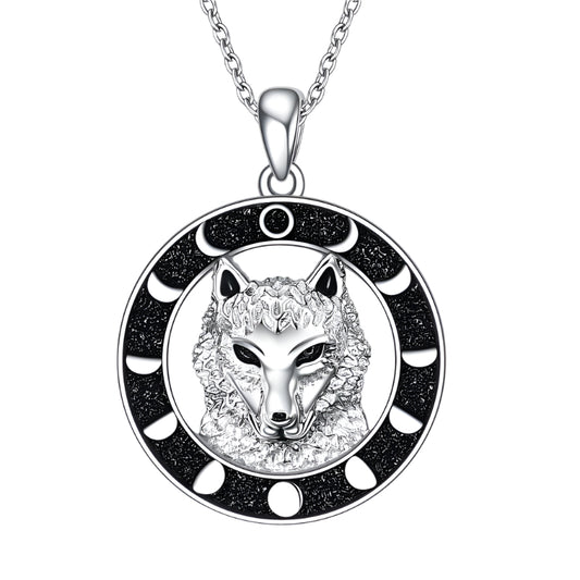 925 Sterling Silver Wolf Pendant Moon Phase Necklace
