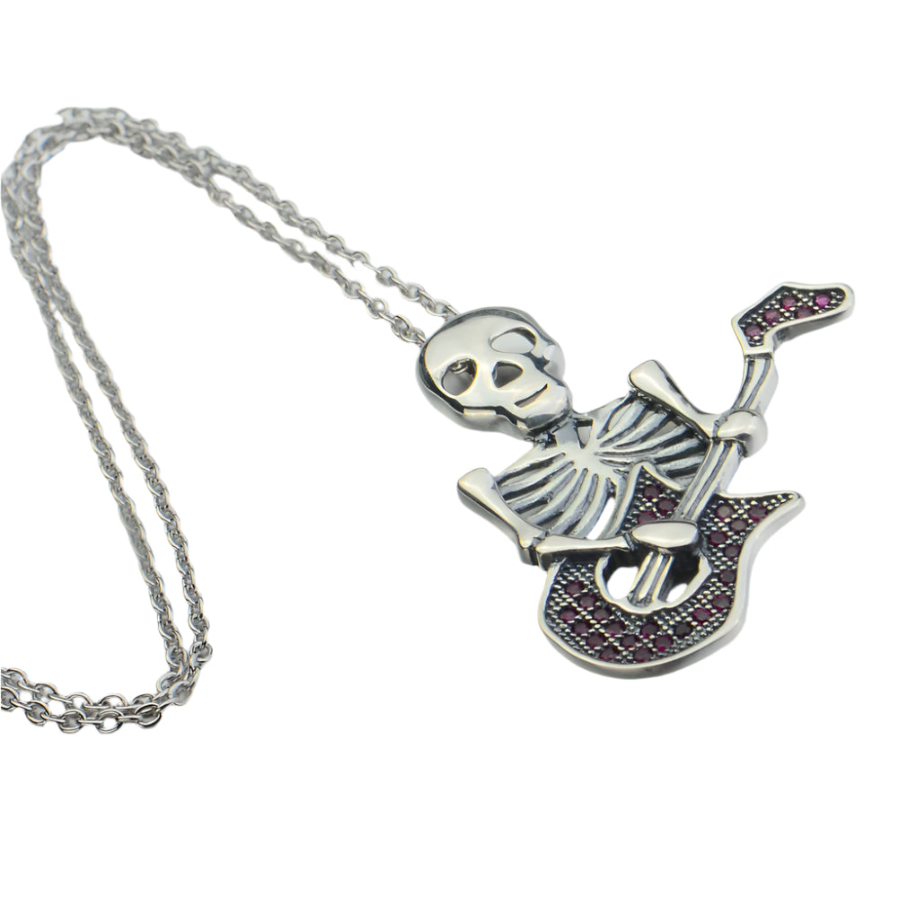 Skeleton Playing Guitar Pendant 925 Sterling Silver Necklace