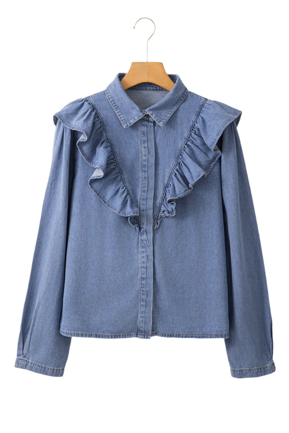 Ruffled Collared Neck Long Sleeve Denim Top