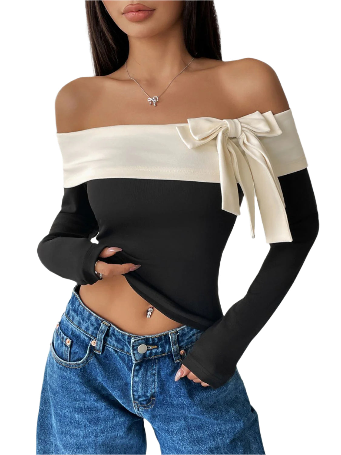 Perfee Bow Contrast Off-Shoulder Long Sleeve Top