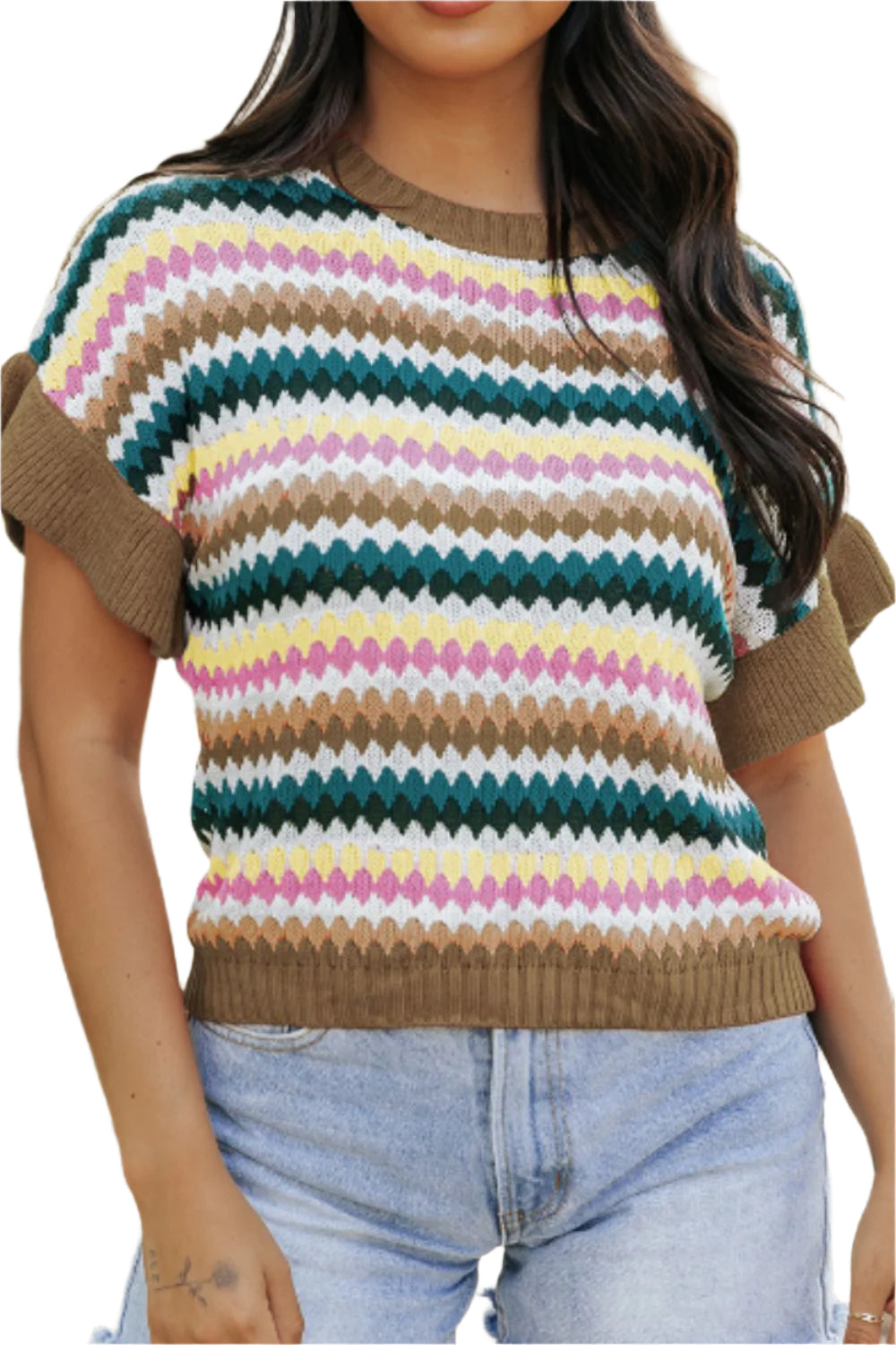 Contrast Round Neck Short Sleeve Sweater
