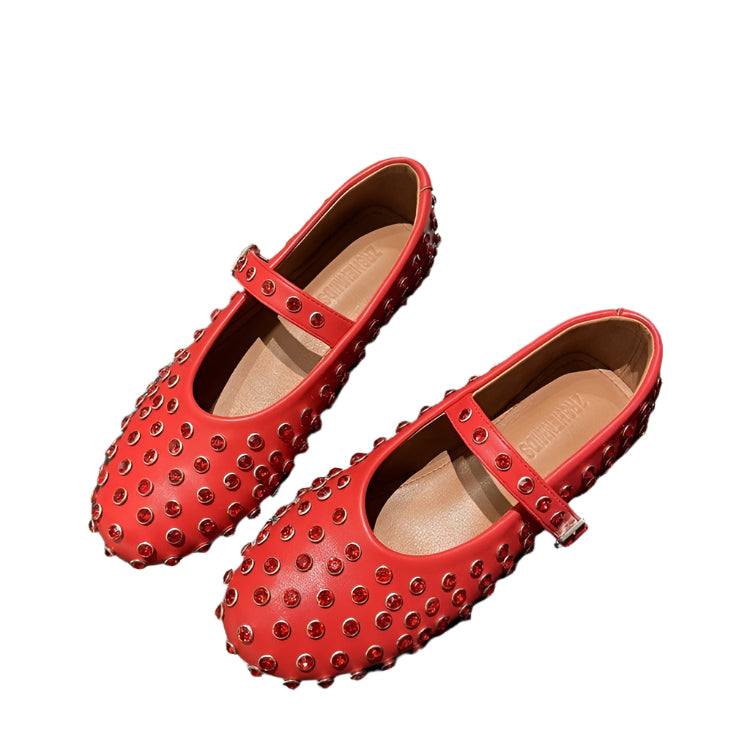 Sheepskin Round Toe Rhinestone Mary Jane Flats