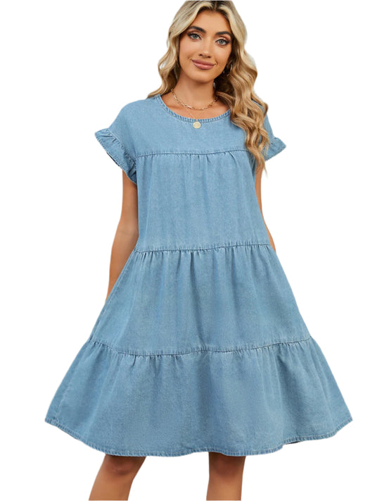 Tiered Round Neck Short Sleeve Denim Dress