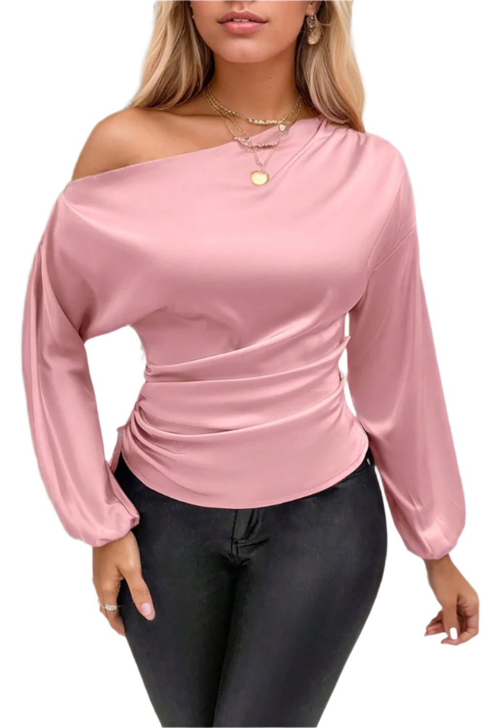 Drawstring One Shoulder Long Sleeve Blouse