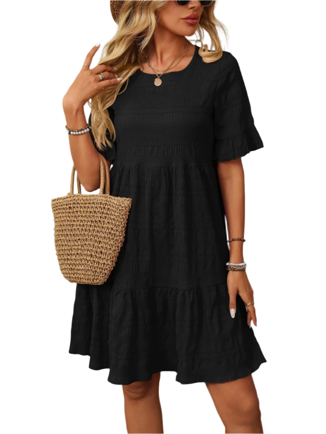 Mandy Ruffled Ruched Round Neck Half Sleeve Dress