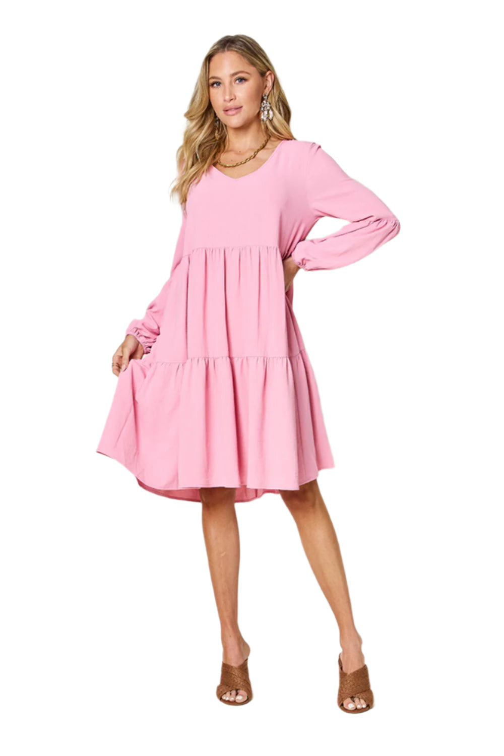 Double Take Full Size V-Neck Balloon Sleeve Tiered Dress with Pockets