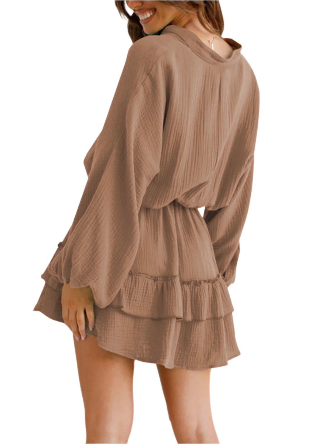 Ruffled Notched Balloon Sleeve Mini Dress