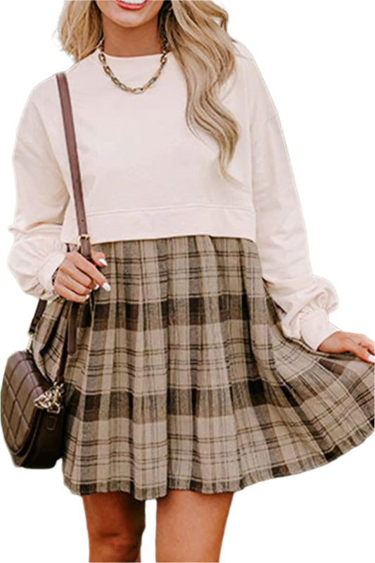 Plaid Round Neck Long Sleeve Mini Dress