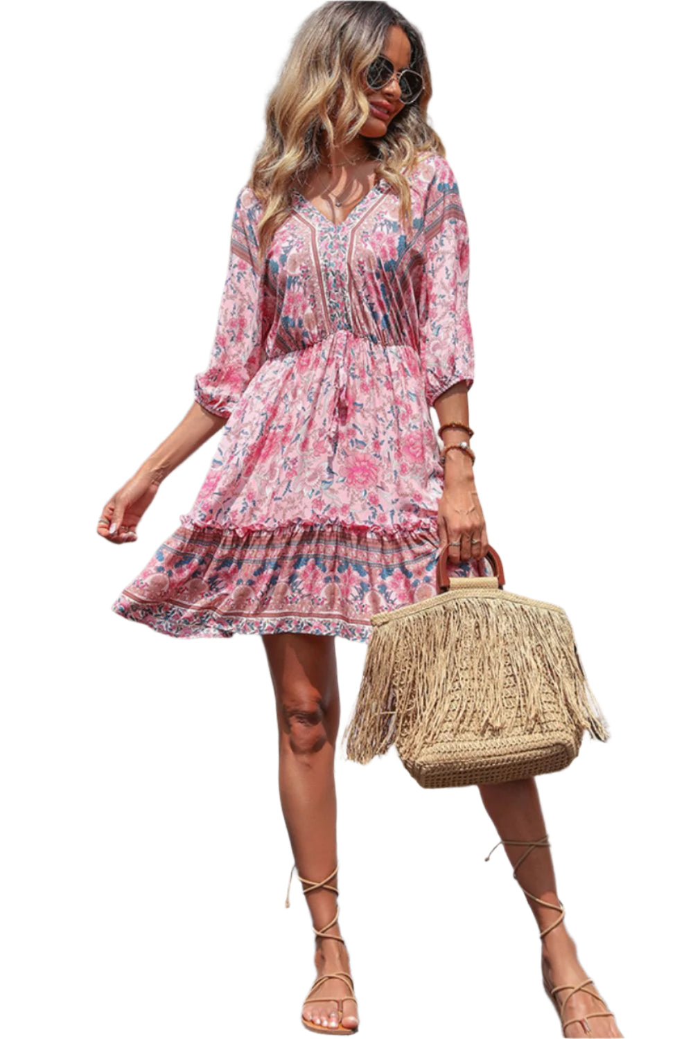 Perfee Bohemian Frill Trim V-Neck Dress