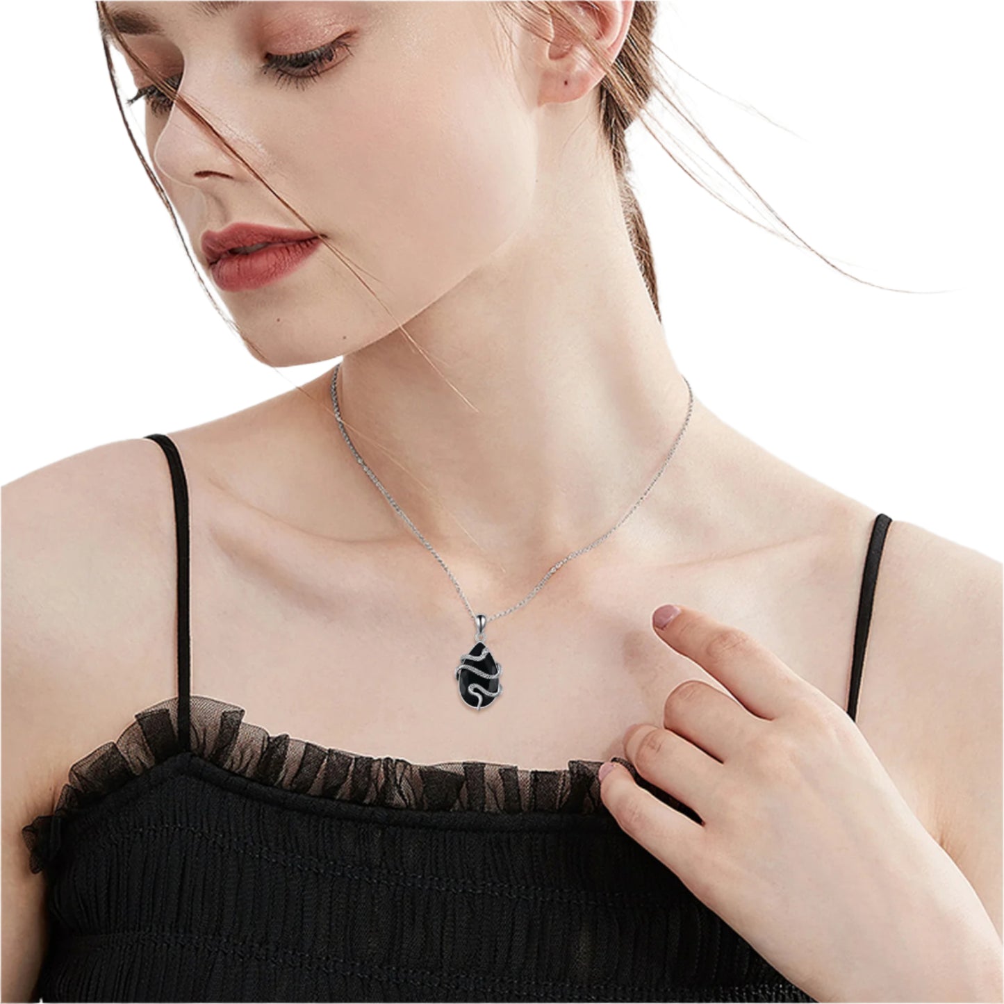 Black Tourmaline Crystal Teardrop Snake Wrapped 925 Sterling Silver Necklace