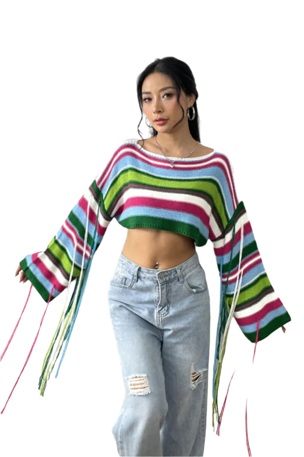 Fringe Striped Round Neck Knit Top