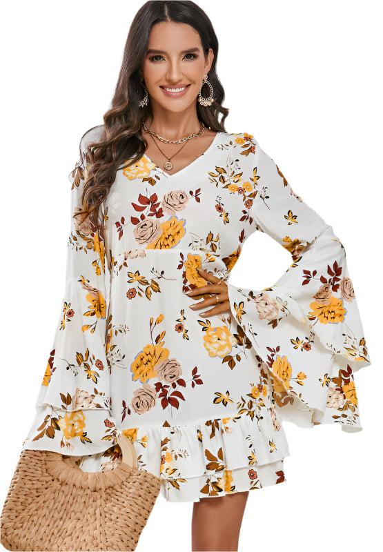 Printed V-Neck Flare Sleeve Mini Dress