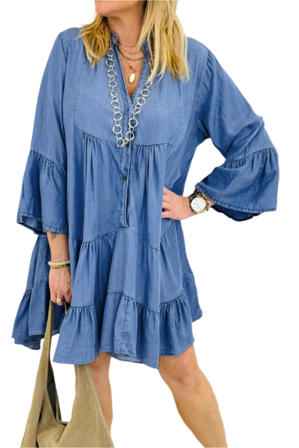 Notched Three-Quarter Sleeve Denim Dress