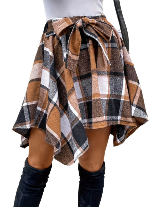 Tied Plaid Asymmetrical Hem Skirt