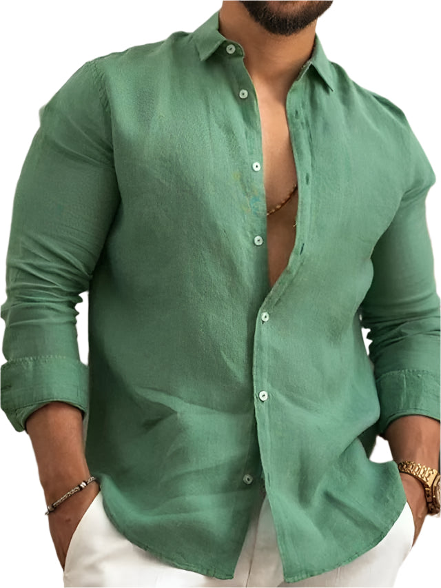 Solid Color Linen Men's Button Down Collard Shirt