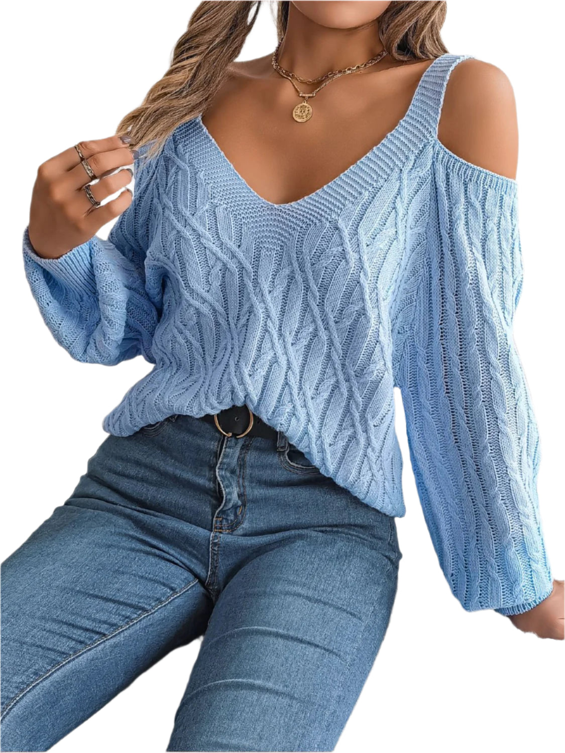 Cable-Knit Cold Shoulder Long Sleeve Sweater