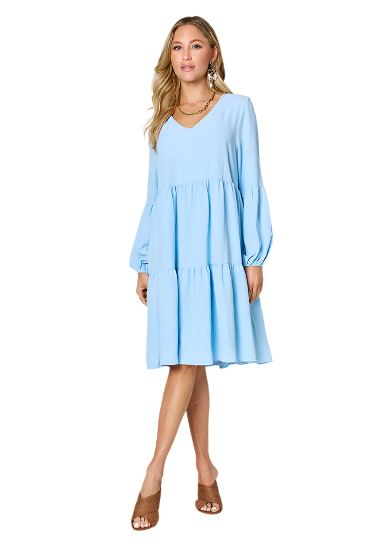 Double Take Full Size V-Neck Balloon Sleeve Tiered Dress with Pockets