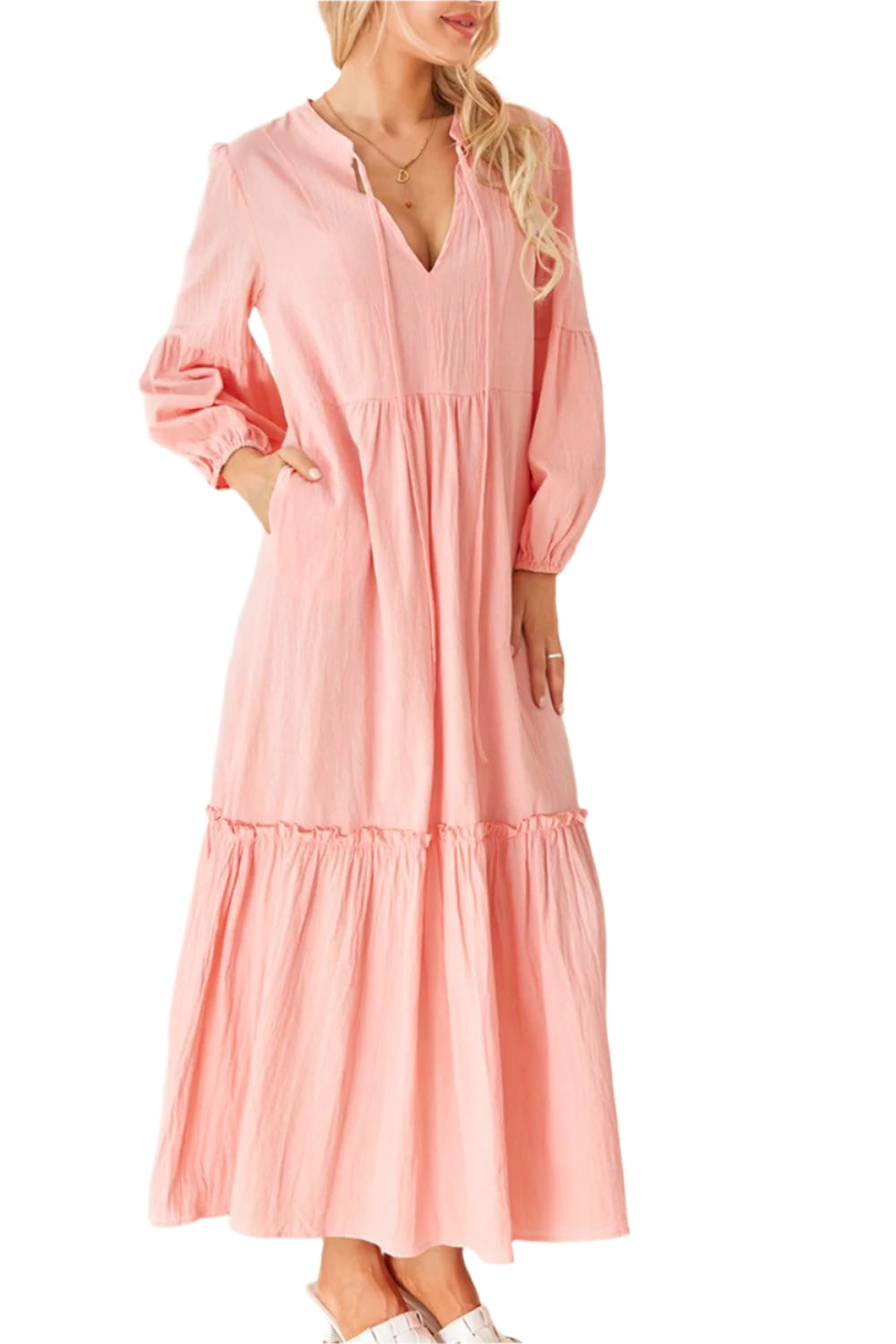 Frill Tiered Tie Neck Long Sleeve Dress