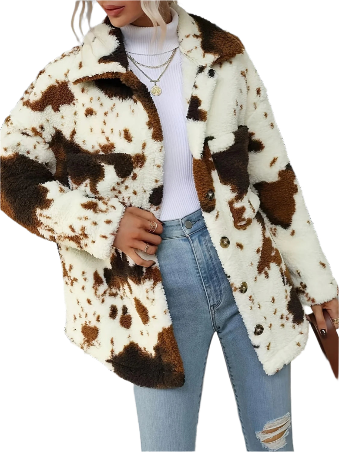 Cow Print Collared Neck Button Up Fuzzy Jacket