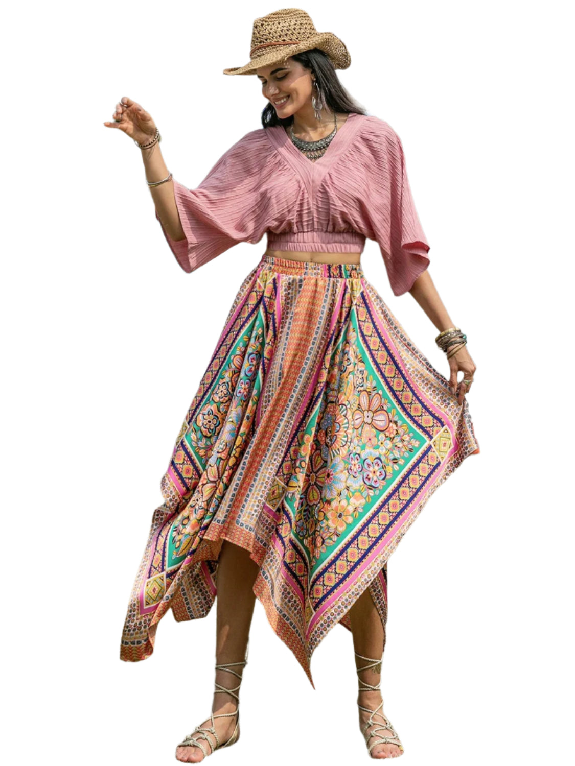 Printed High Waist Handkerchief Hem Skirt