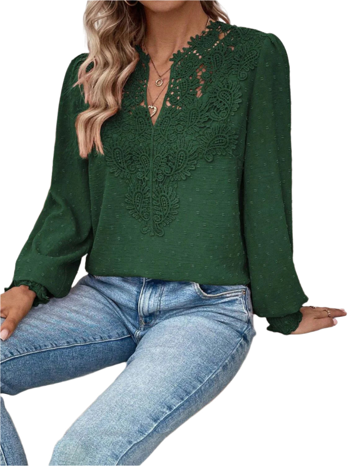 Swiss Dot Lace Detail Notched Long Sleeve Blouse