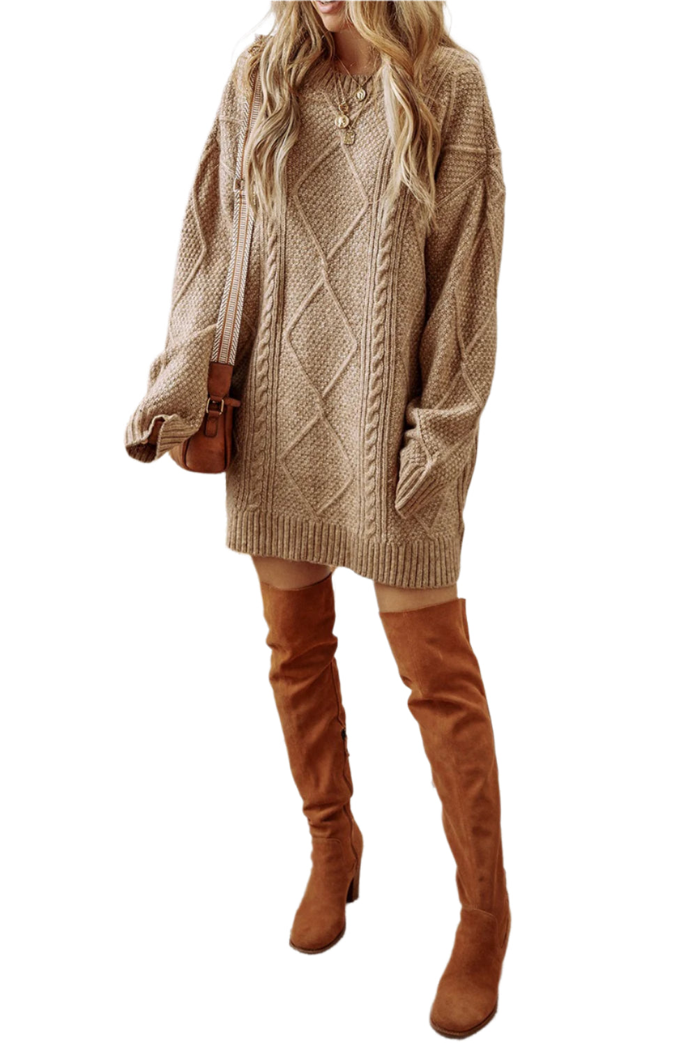 Cable-Knit Round Neck Sweater Dress