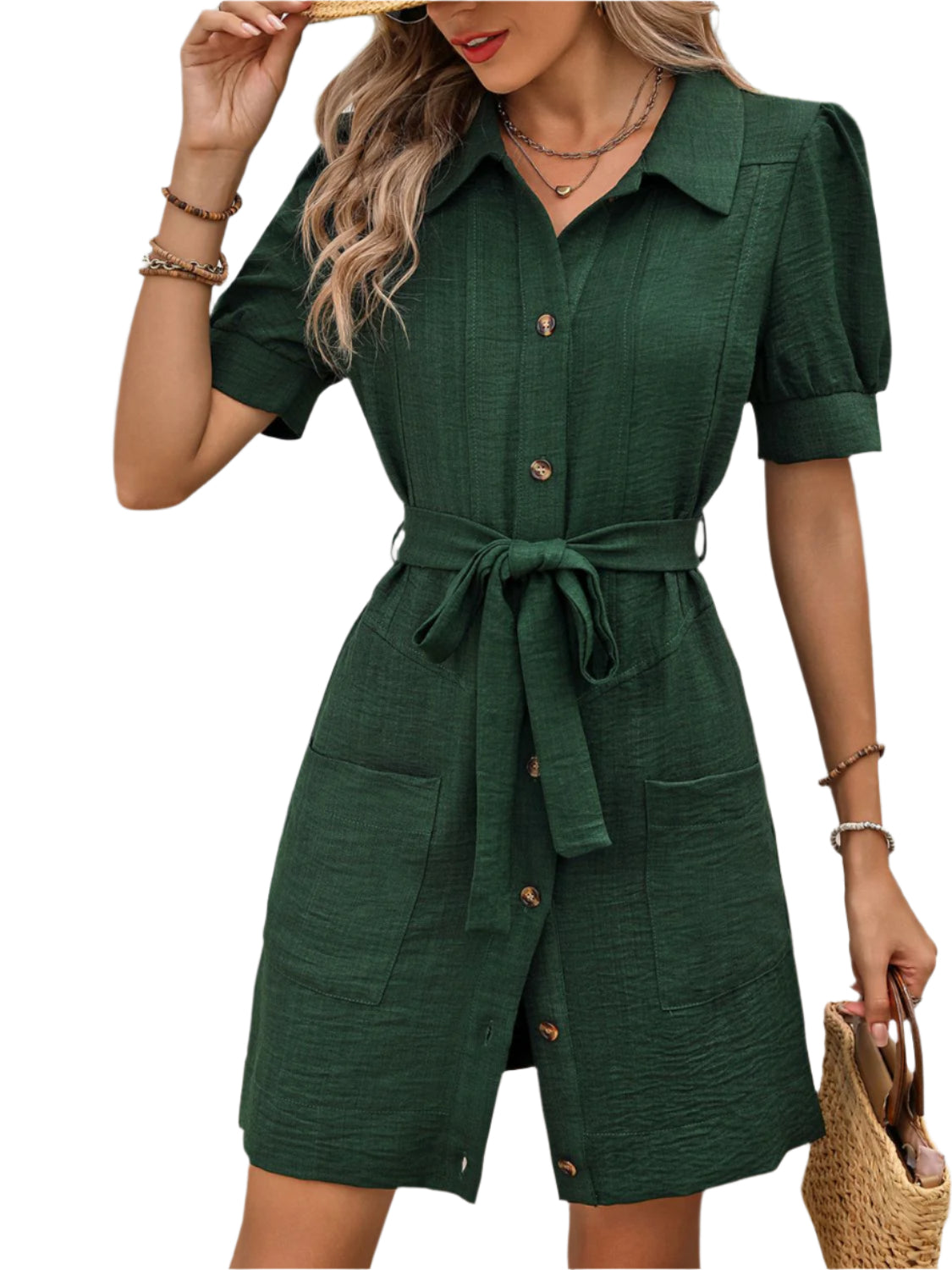 Perfee Tie Waist Button Down Short Sleeve Mini Dress