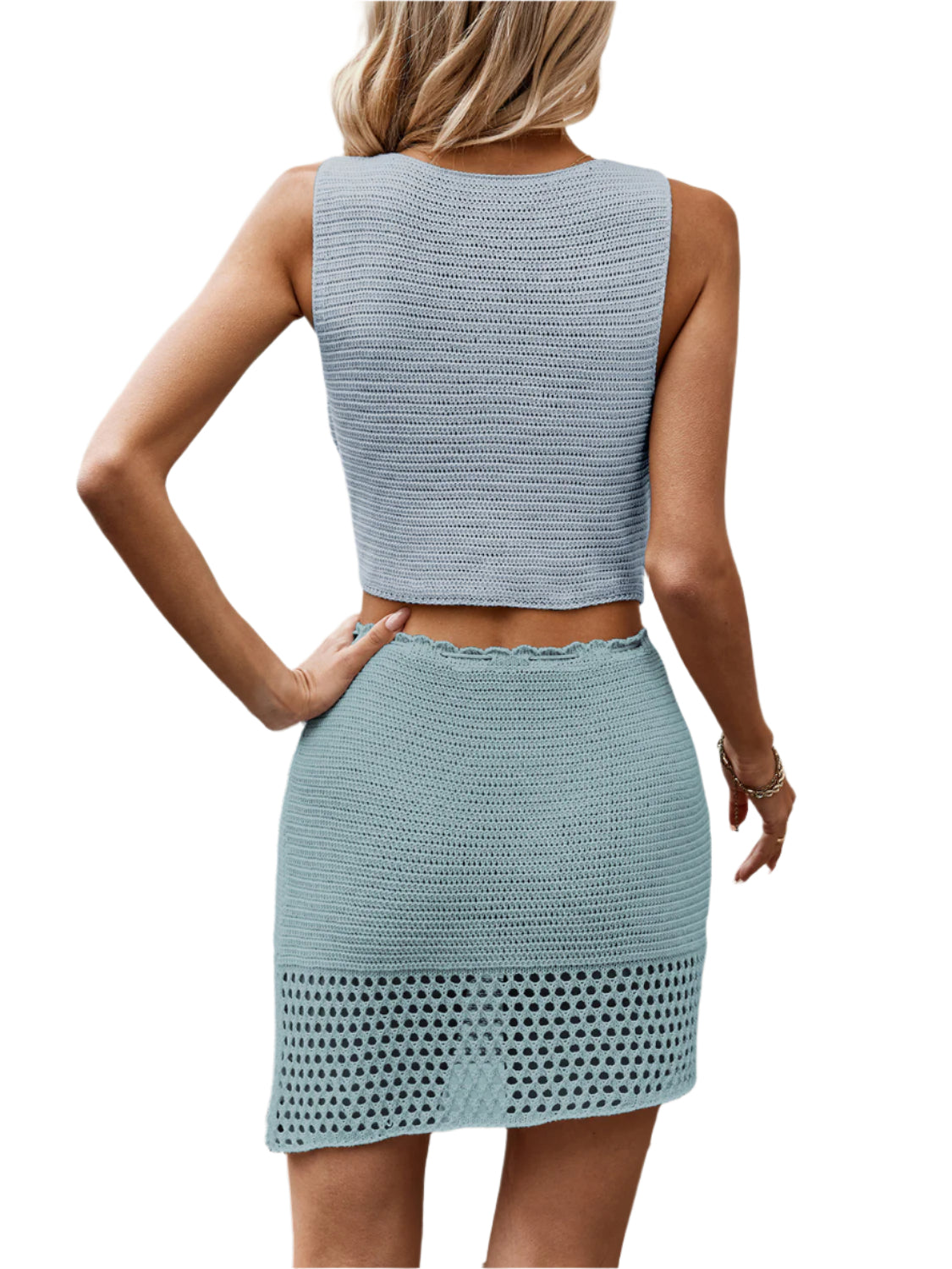 Button Up Sleeveless Top and Drawstring Skirt Set
