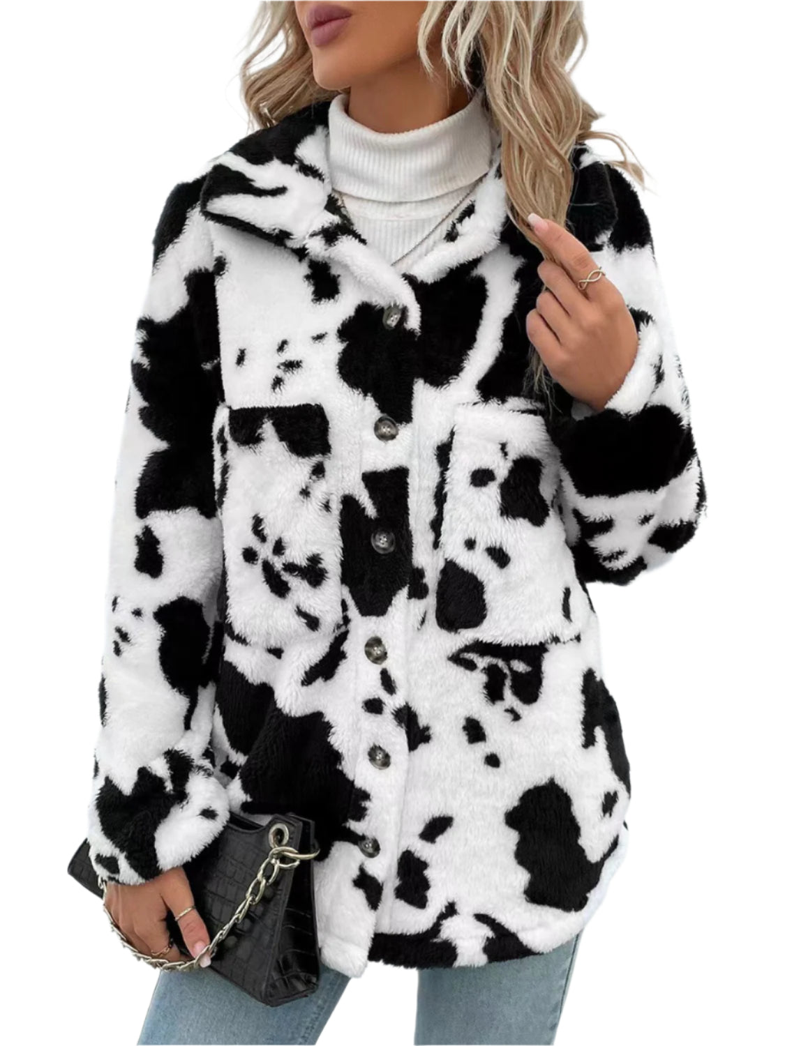 Cow Print Collared Neck Button Up Fuzzy Jacket