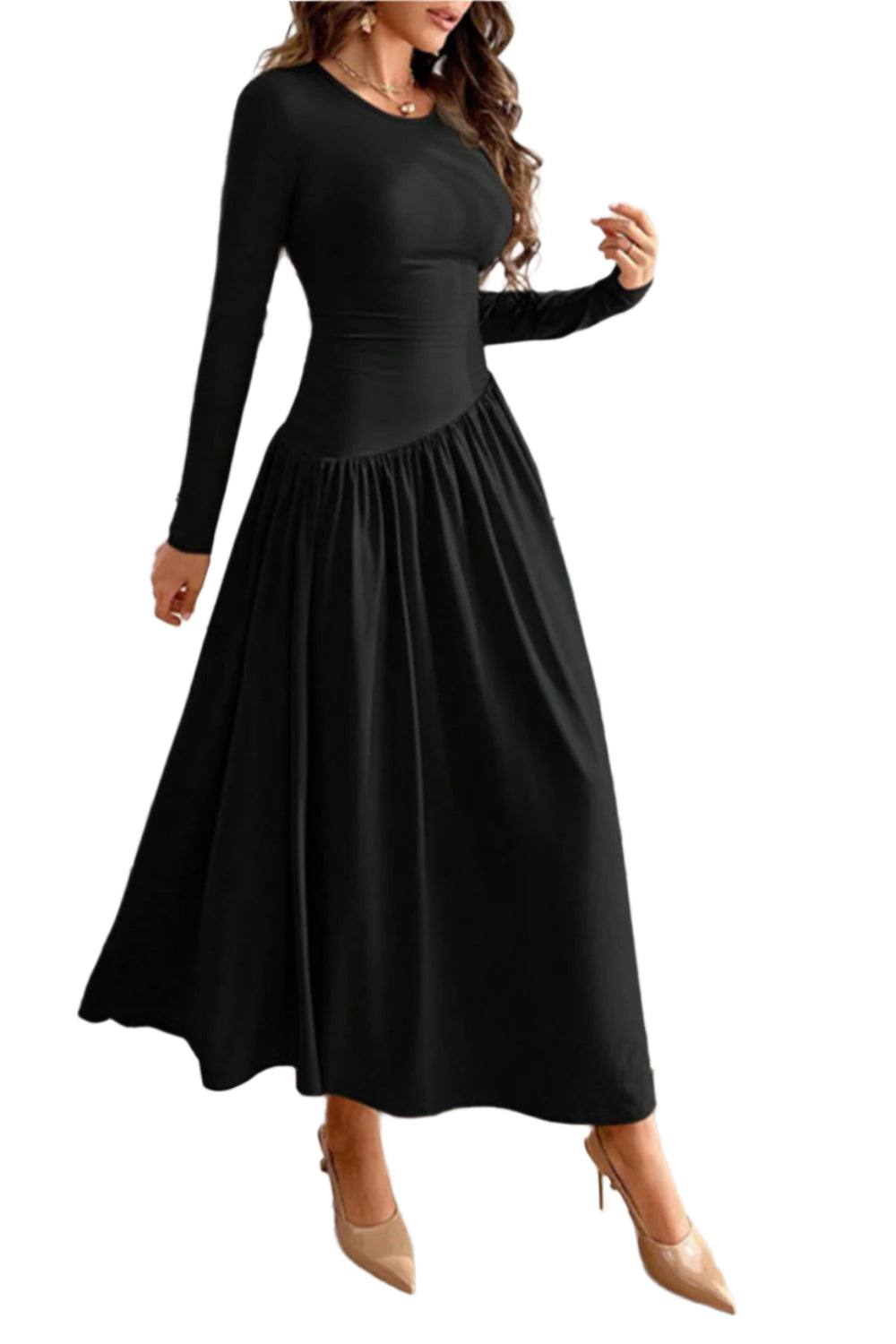 Ruched Round Neck Long Sleeve Dress