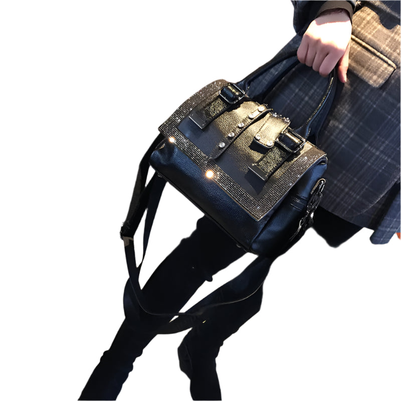 Cowhide Leather Rhinestone Handbag