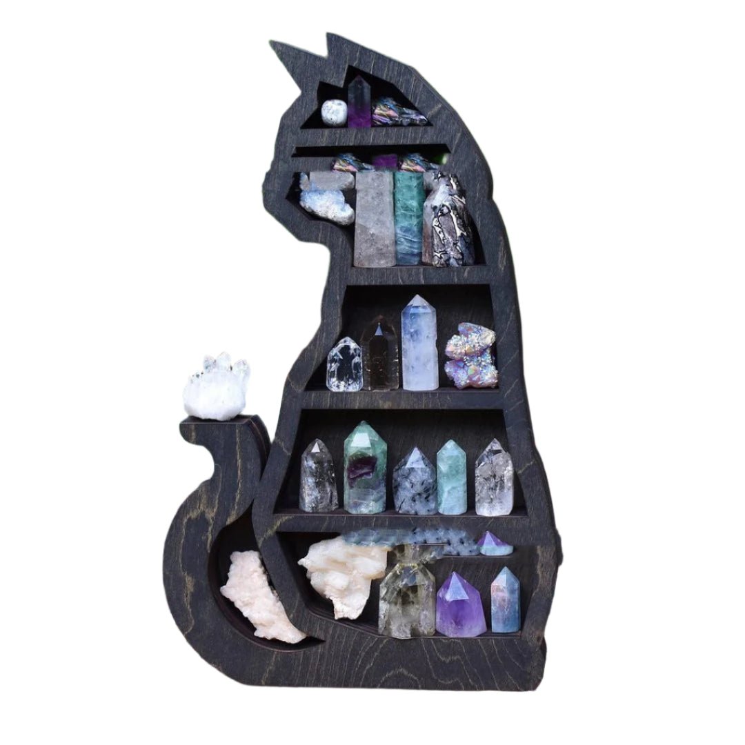 Cat on Moon Or Black Cat Wooden Crystal Display Shelf