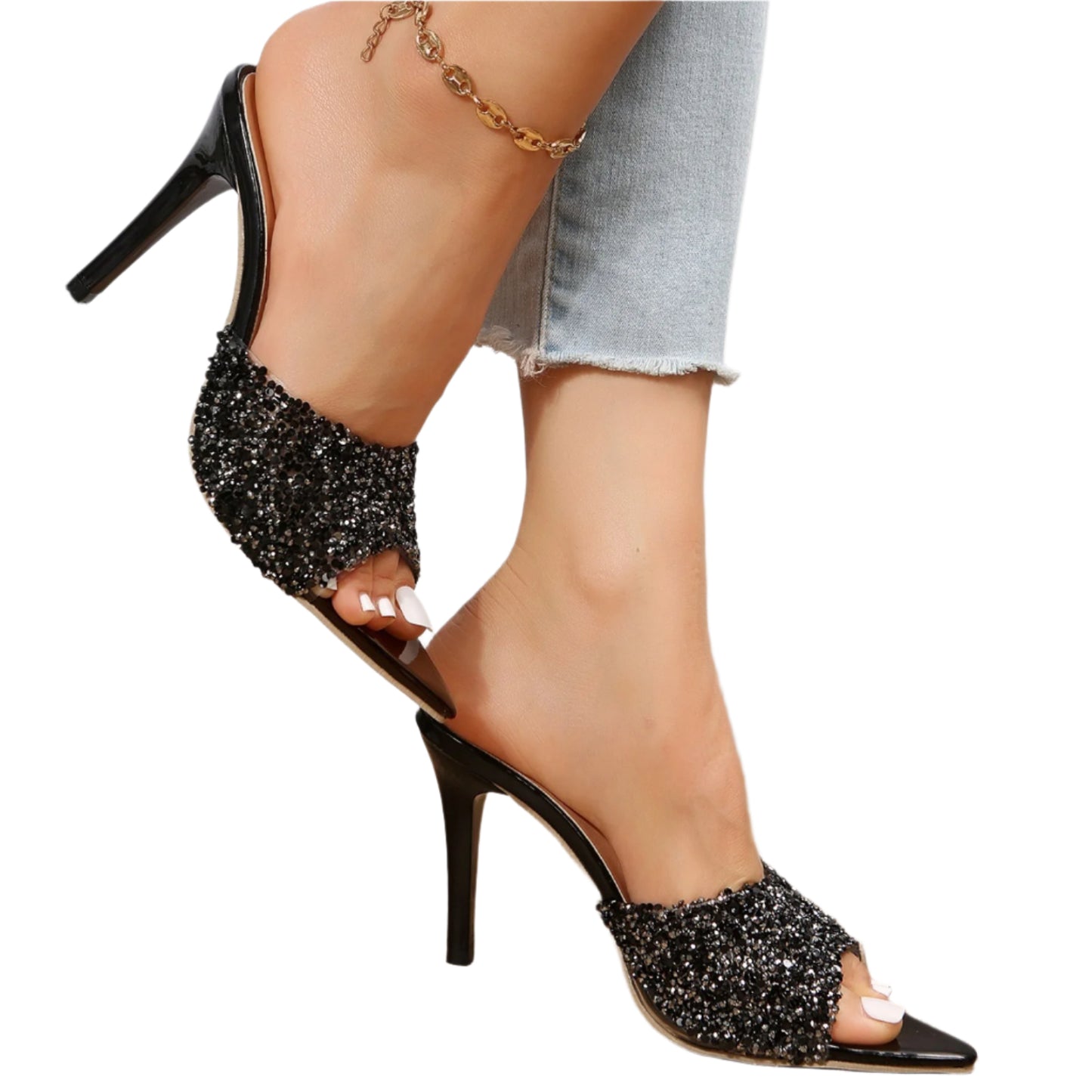Sequin Point Toe Mid Heel Sandals