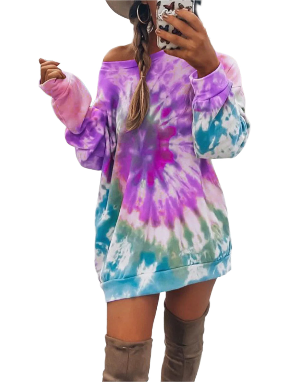 Full Size Tie-Dye Round Neck Long Sleeve Dress